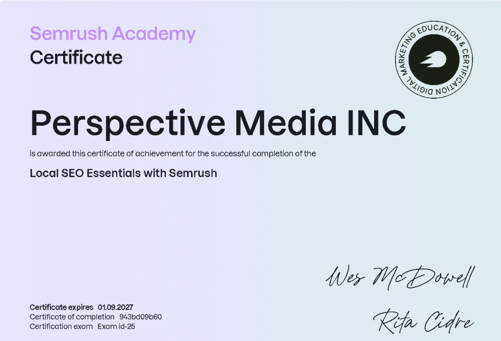 Semrush Academy Local SEO Essentials certificate awarded to Perspective Media INC