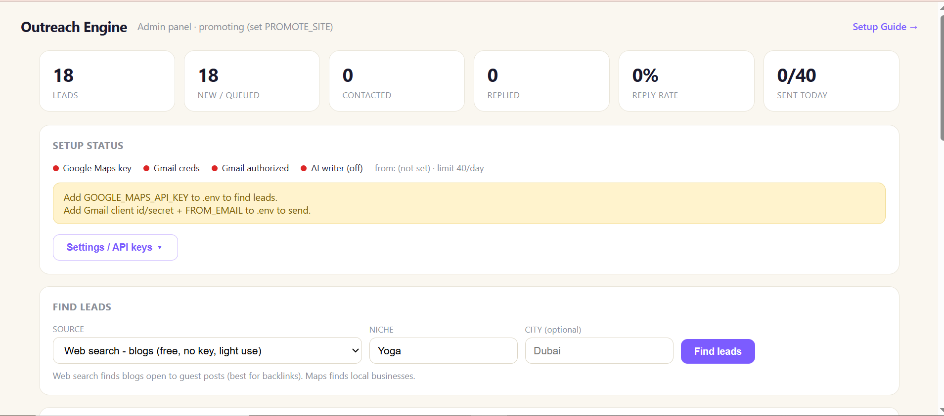 AI Outreach Engine admin dashboard showing lead discovery, outreach queue and reply tracking