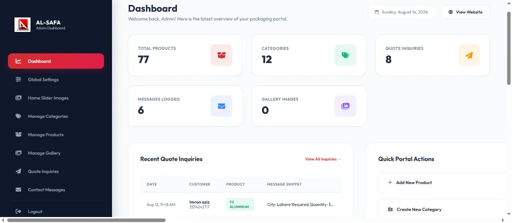 Al-Safa Packages administration dashboard